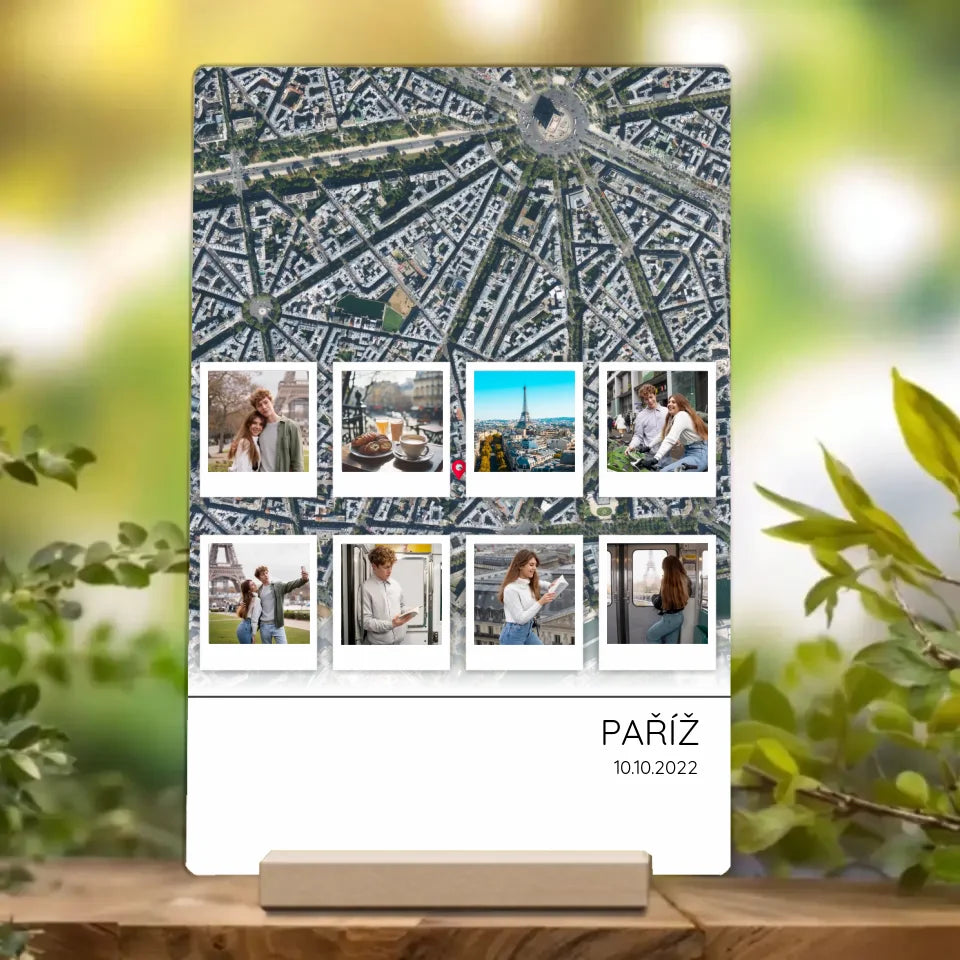 Cestovatelská mapa 8 polaroid fotografií Plaketa z akrylu