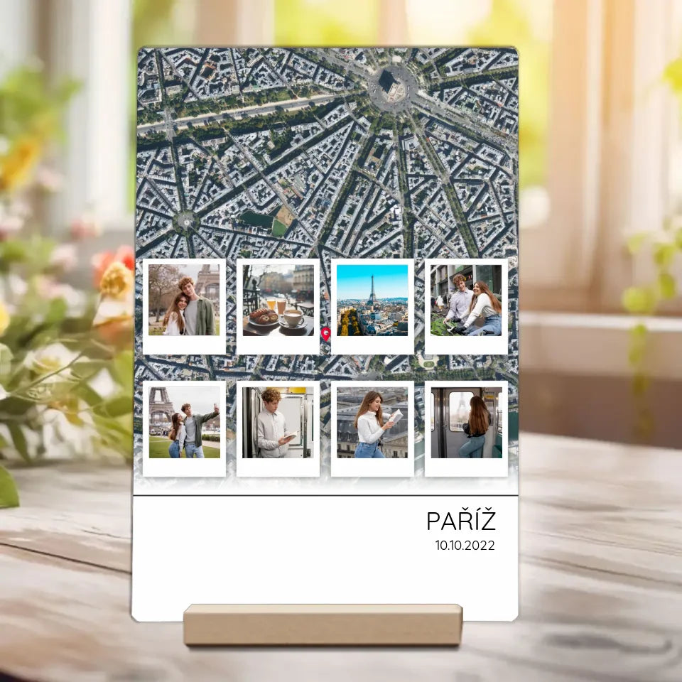 Cestovatelská mapa 8 polaroid fotografií Plaketa z akrylu