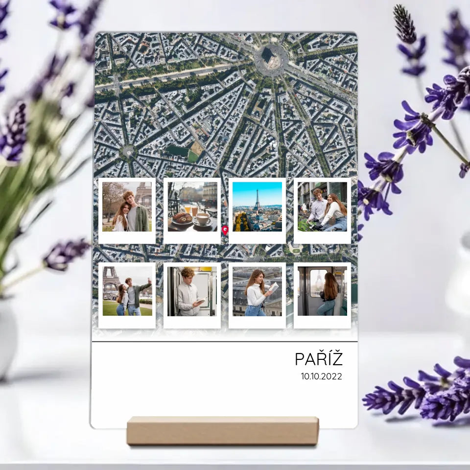 Cestovatelská mapa 8 polaroid fotografií Plaketa z akrylu