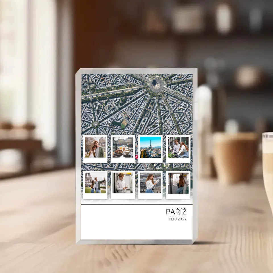 Cestovatelská mapa 8 polaroid fotografií Akrylový blok